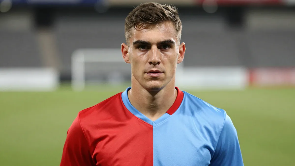 Mid-30s Hvidovre forward, athletic build, intense gaze, head-and-shoulders, wearing a plain unmarked home kit split red...